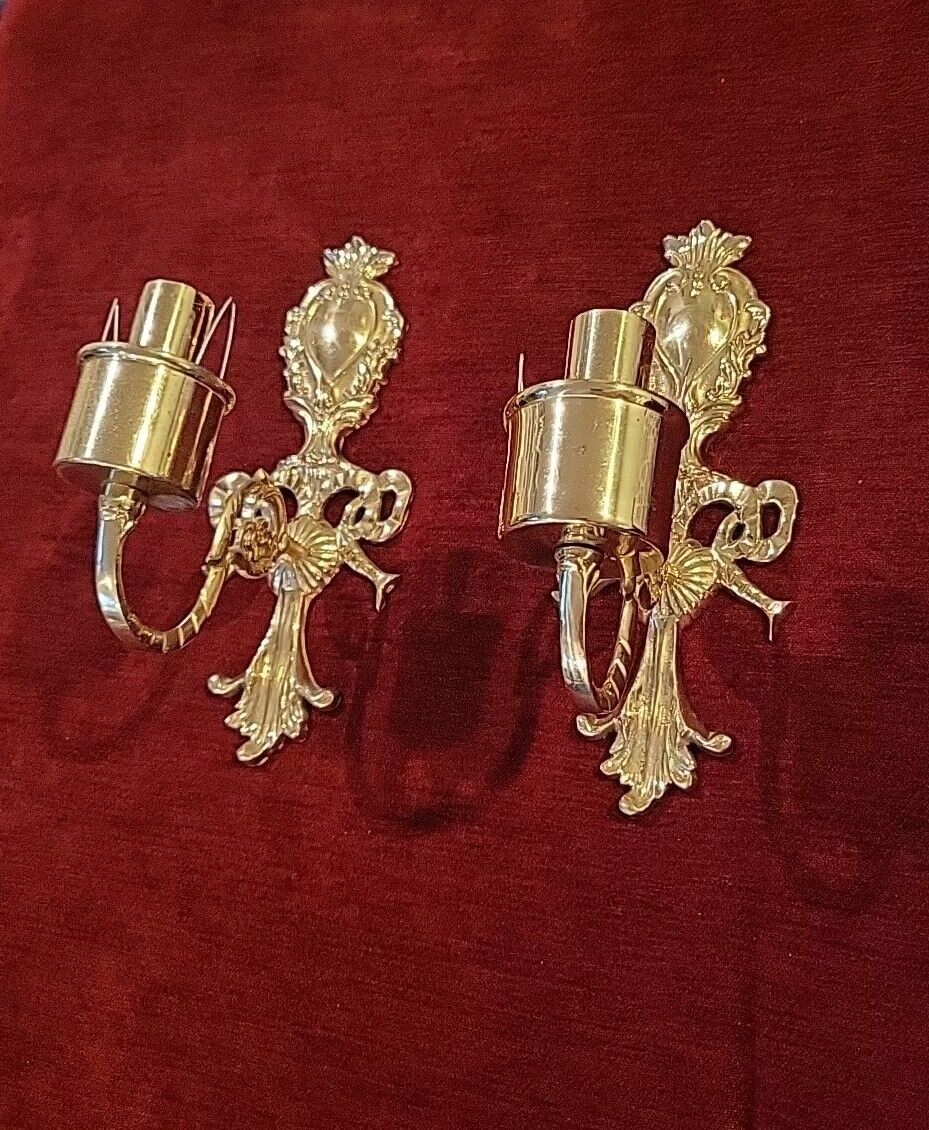 Vintage 10” PAIR of Solid Brass Wall Sconces - Candle Holder Sconces Bows