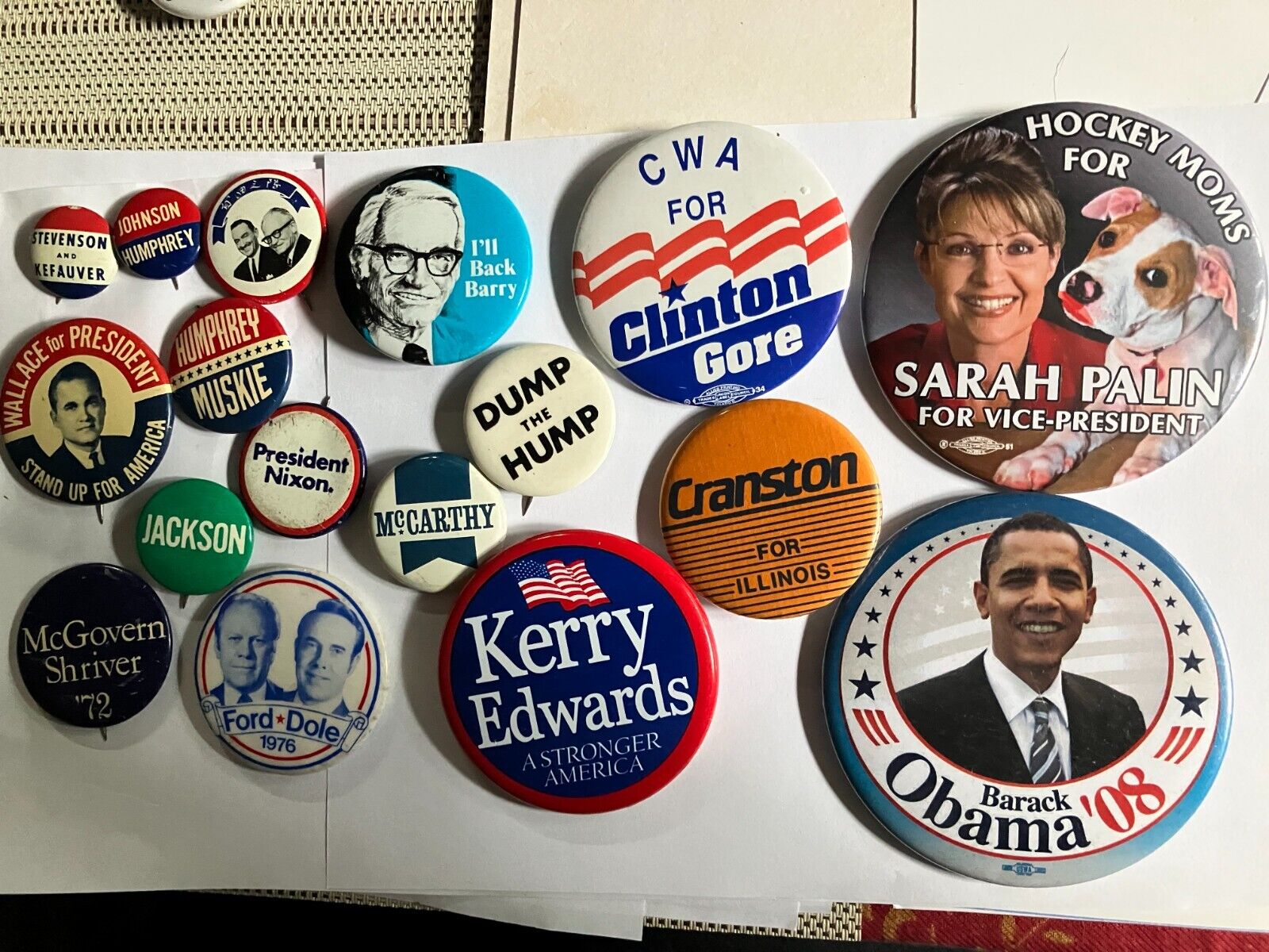 Lot of 17 presidential campaign buttons--vintage to modern --1950s to 2000s