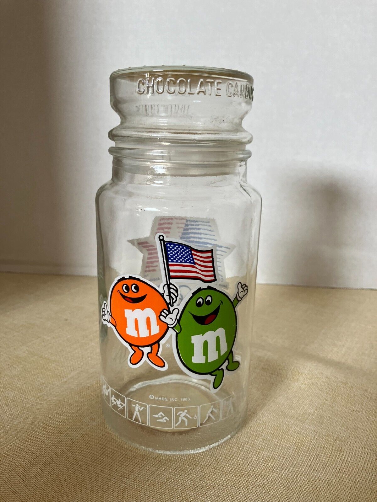 Vintage 1980\'s M&M\'s L.A. Olympic Committee Chocolate Candies Candy Jar with lid