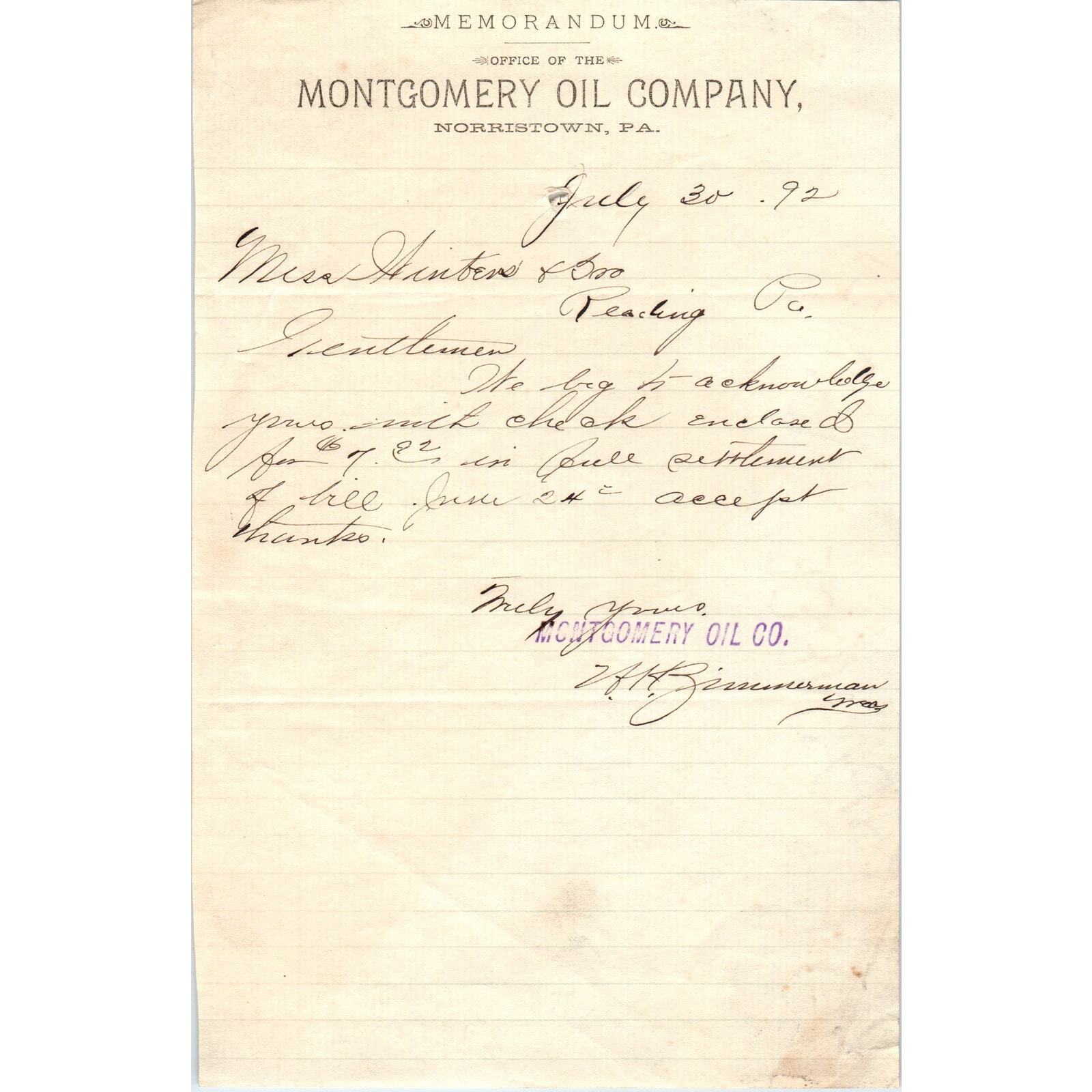1892 Montgomery Oil Company Norristown PA Original Billhead Receipt AE7