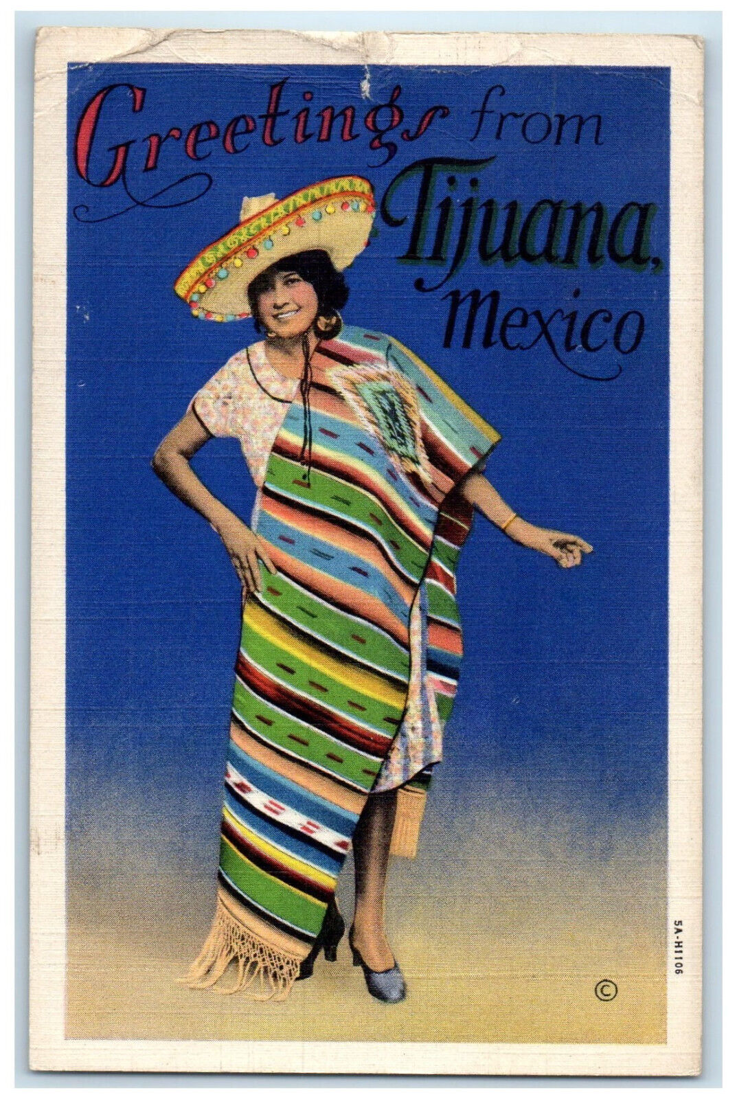 c1940\'s Women in Poncho Sombrero Dress Greetings from Tijuana Mexico Postcard