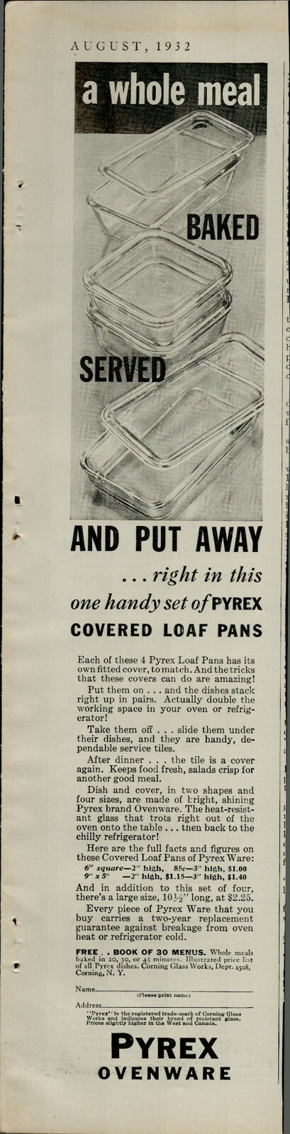 1932 Pyrex Ovenware Baked Served Put Away Loaf Pans Vintage Print Ad 2932