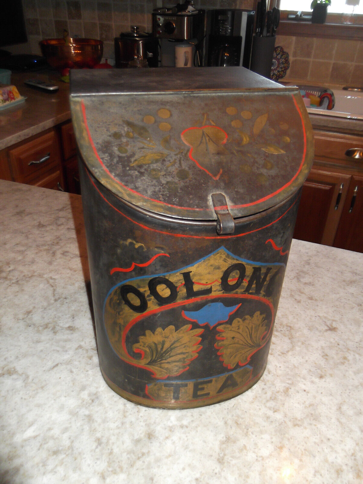 Rare Antique General Store Tin Tea Storage Bin OOLONG Tea Hand Painted