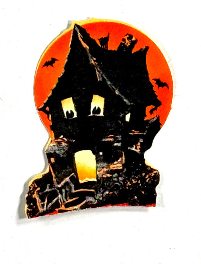 vtg Dennison Halloween glued seal Haunted House bats moon