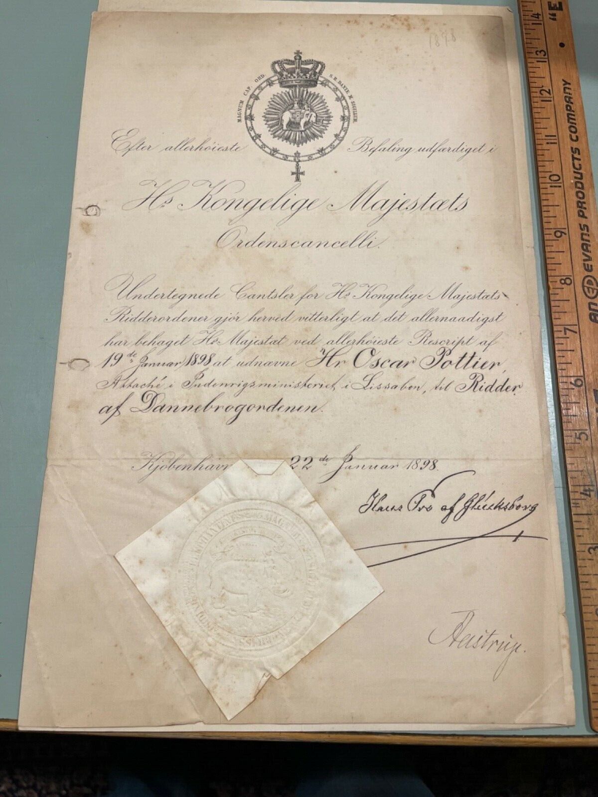 1898 Danish Order of the Elephant Dannebrog denmark signed prince of Glucksborg 