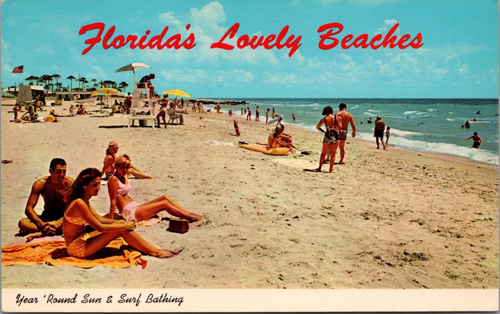 Florida Beach Bikinis Polka Dots Ocean Swimming Lifeguard Chair 1968 Postcard