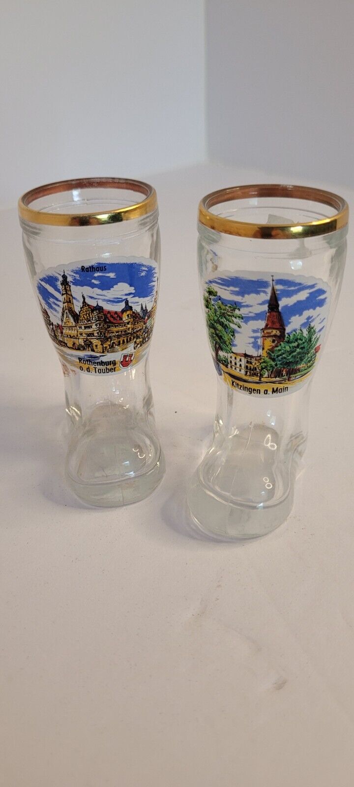 2 Vintage West German Mini 3” tall Boot Shape Shot Glasses with Gold Rim