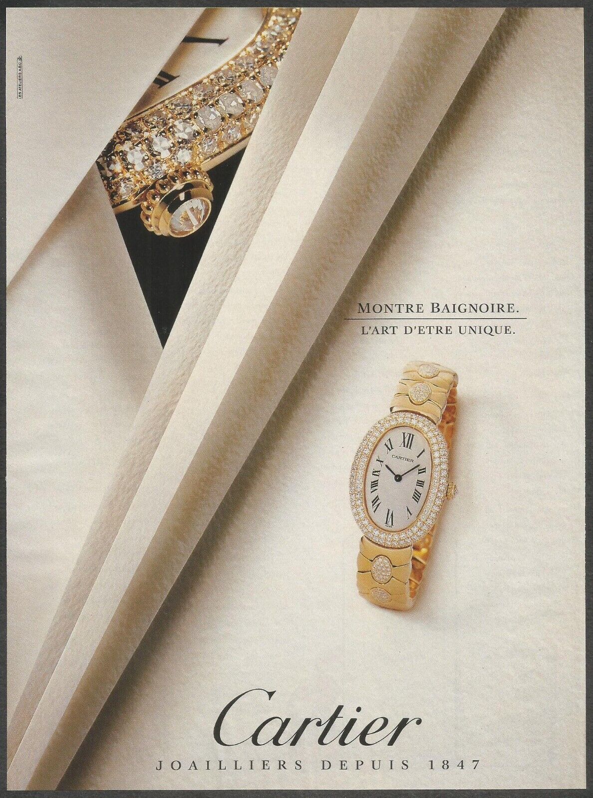 CARTIER , MONTRE BAIGNOIRE - 1992 Vintage Print Ad