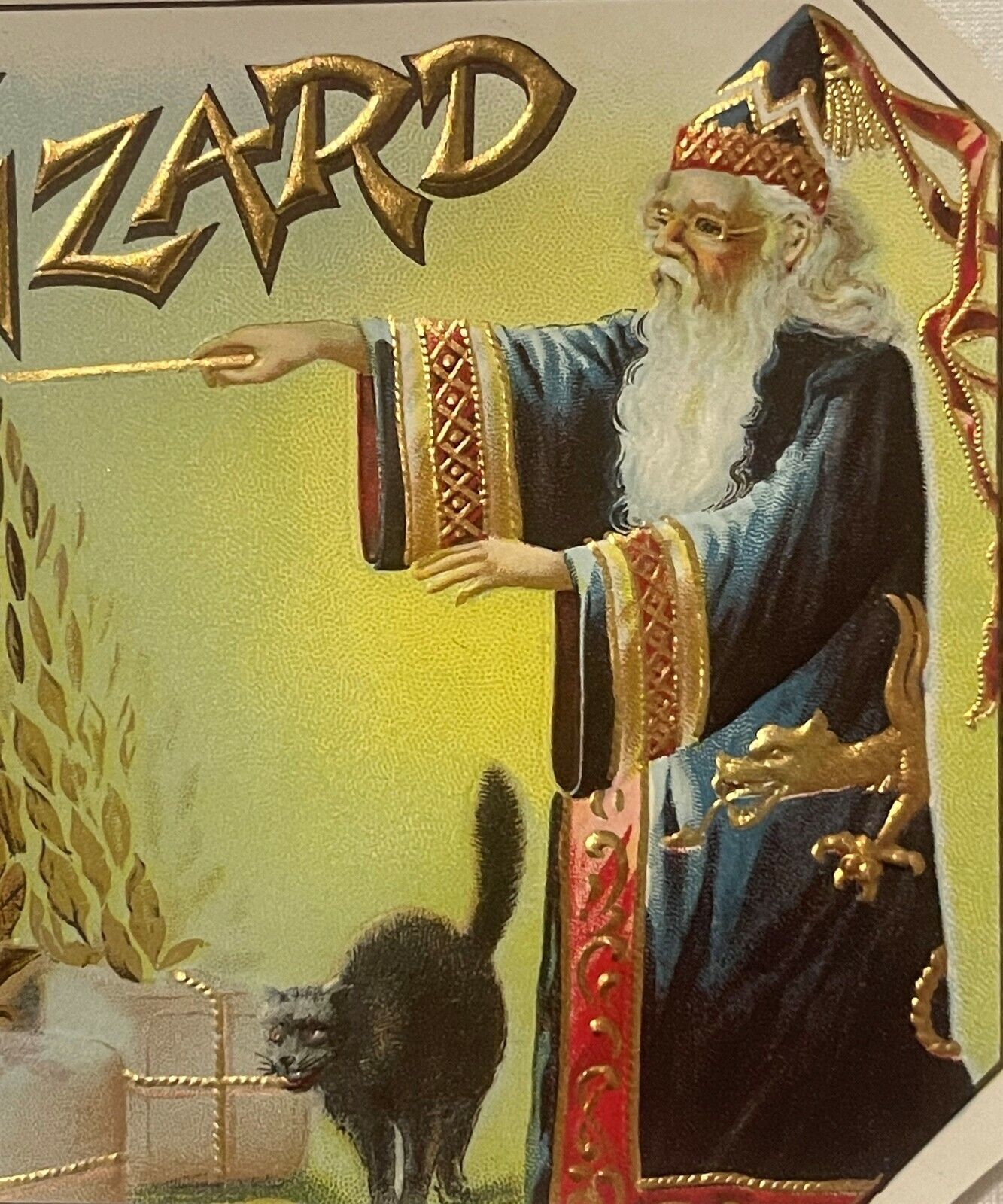 Antique Vintage 1900s - 1920s Wizard Embossed Cigar Label Halloween Black Cat