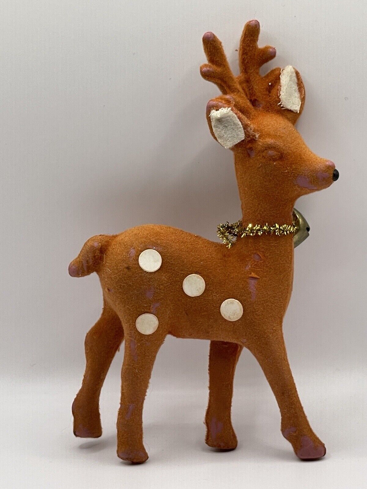 Vintage Christmas Reindeer Deer Plastic Figurine with Felt Spots Bell Decor *