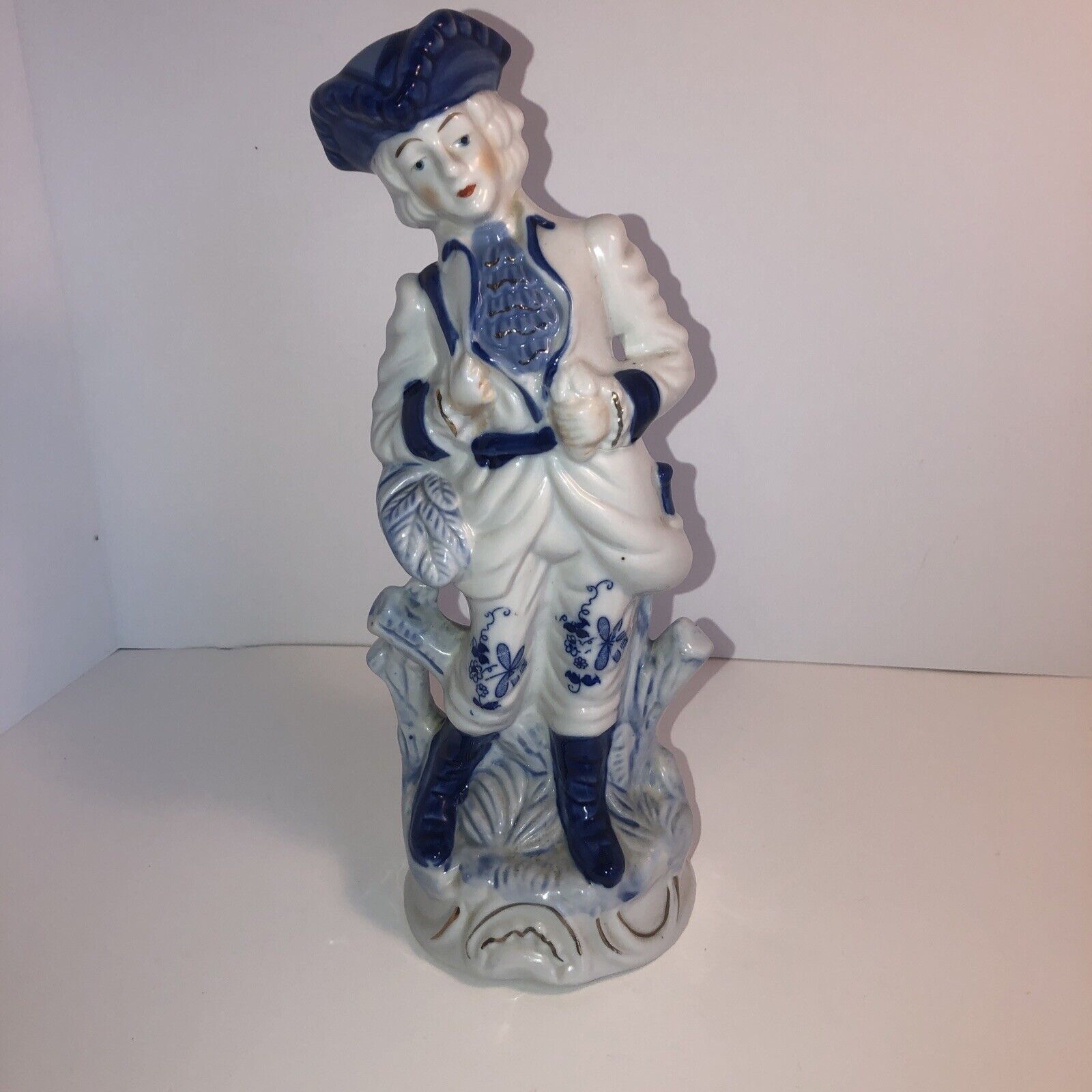 Colonial Blue Delft Style Vintage Porcelain Figurines Man 11-12 Inches