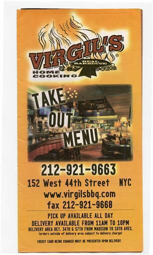 Vergil\'s Real Barbecue Home Cooking Menu West 44th Street New York City 