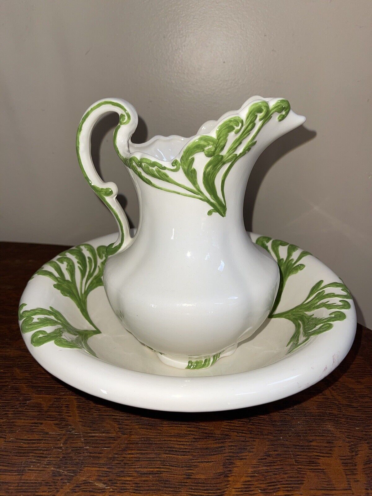 Vtg Ivory W/Green Scroll Accent Hand Painted Ceramic  Pitcher 9” Tall Bowl 10” W
