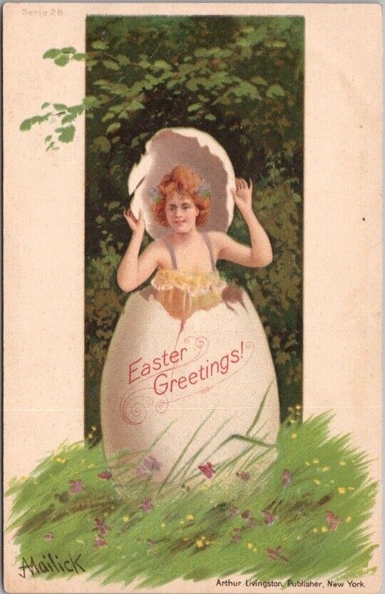 c1900s EASTER Postcard Girl in Low-Cut Dress / Big Egg Shell - Undivided Back