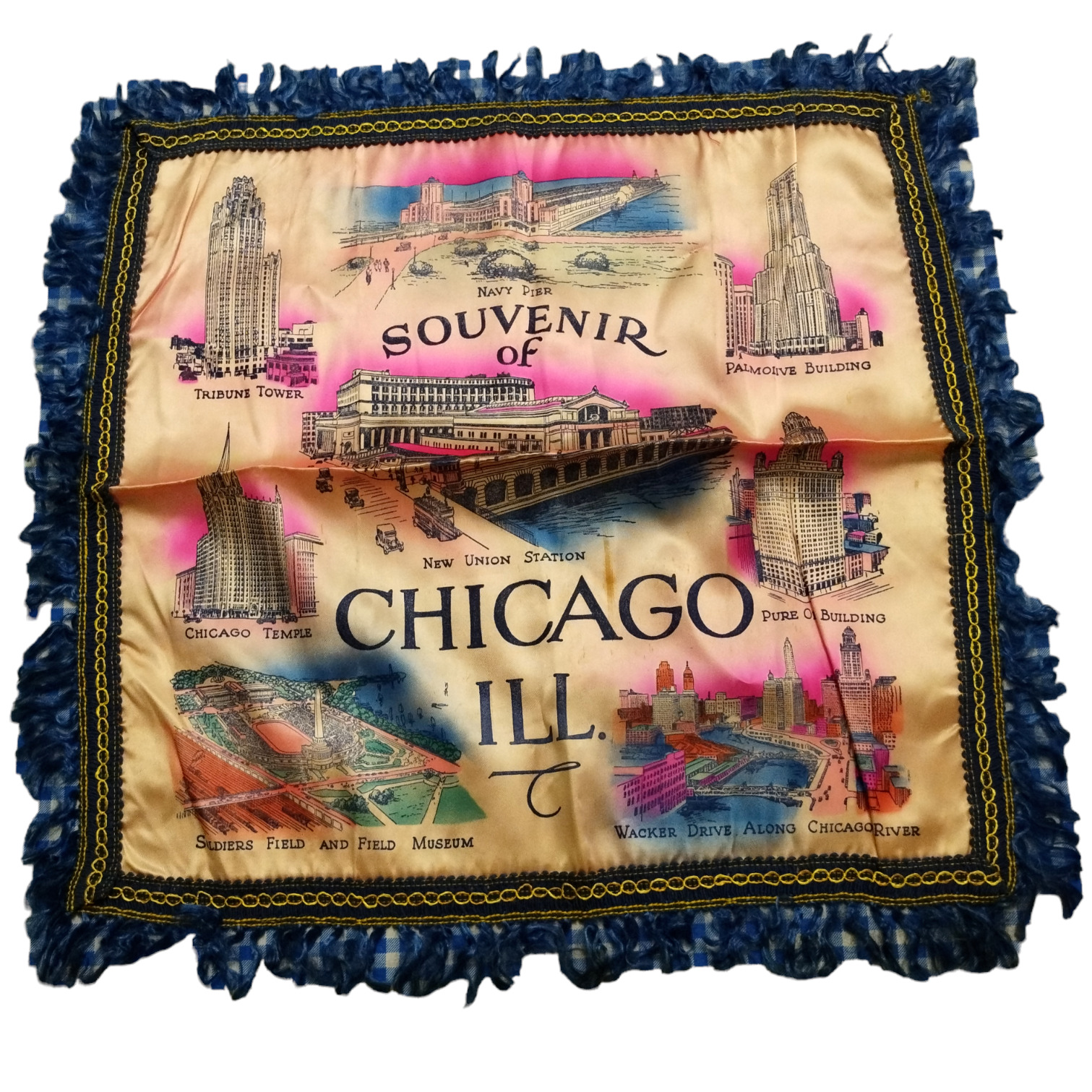 Vintage Souvenir of Chicago Landmarks Silk Pillow Cover Case with Fringe