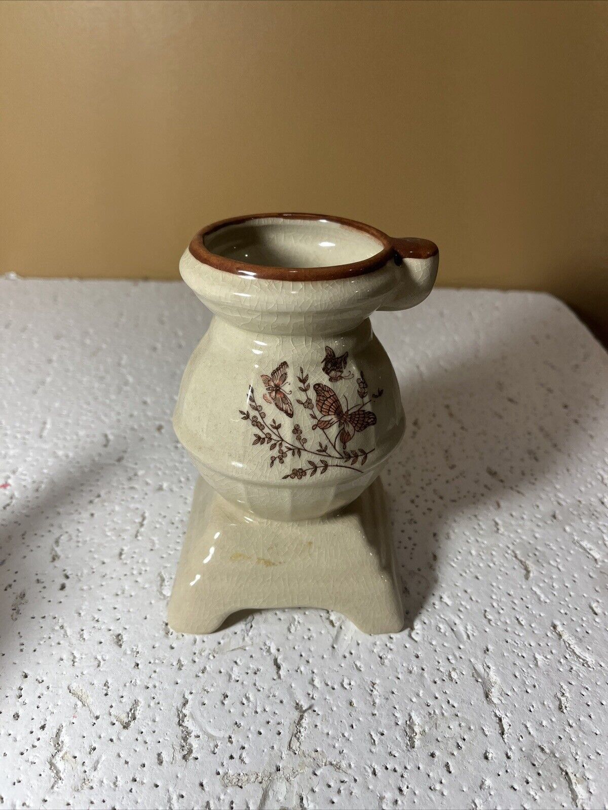 Vintage Glazed Ceramic Pot Belly Stove Vase With butterflies￼