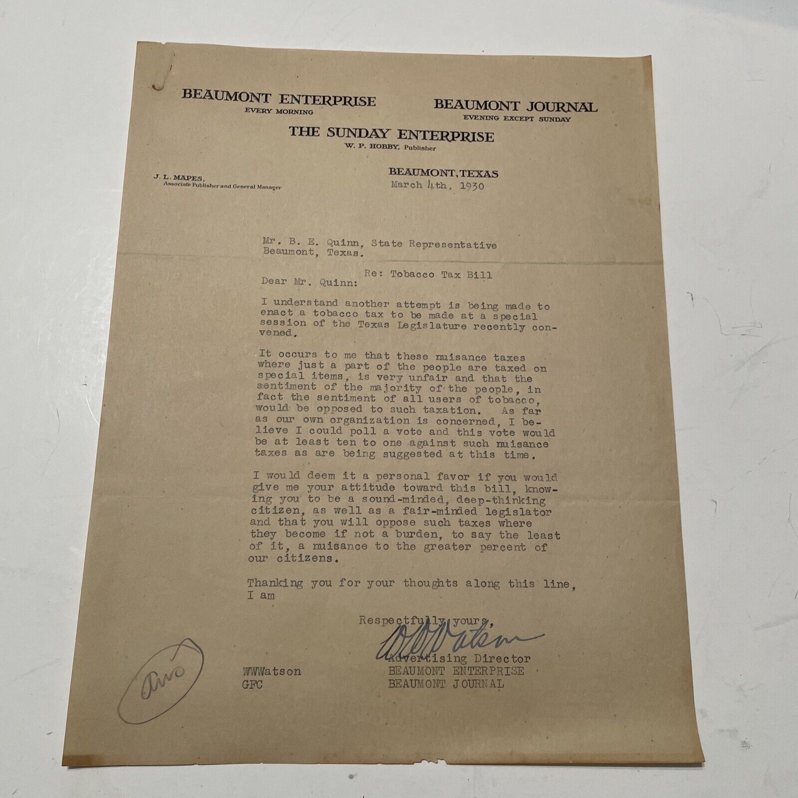The Beaumont Enterprise Letter 1930 Texas Tabacco Tax To State Representative