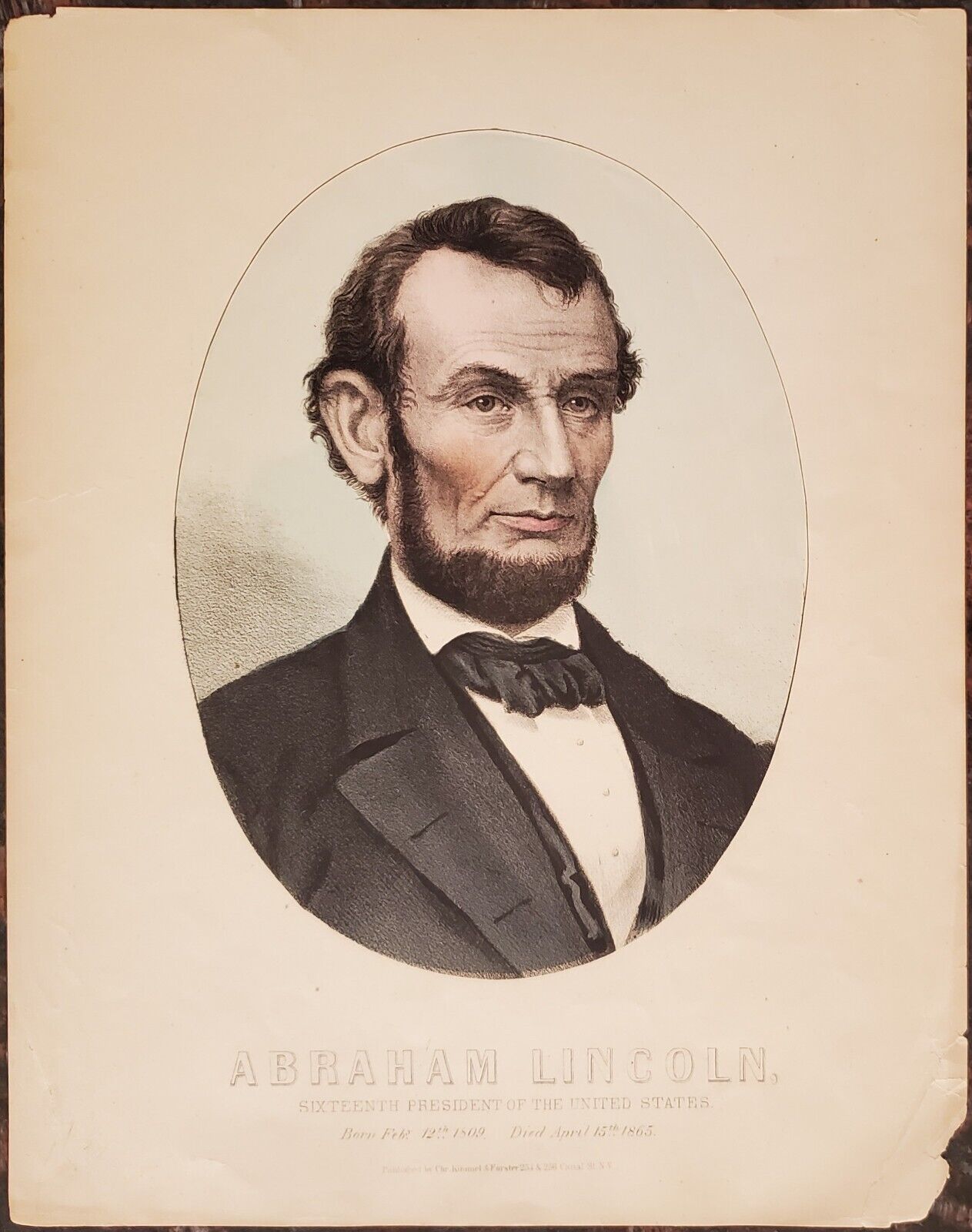 1865 President Abraham Lincoln Color 10x12 Pencil Etching Kimmel & Forster N.Y.