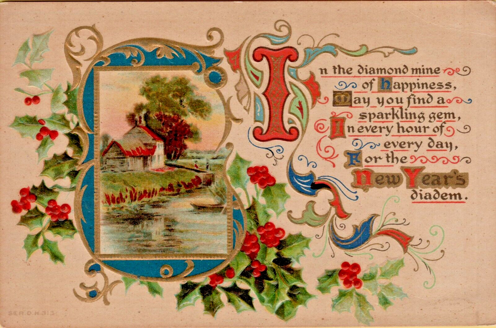 New Year\'s Poem with Framed House with Holly Unposted c1910