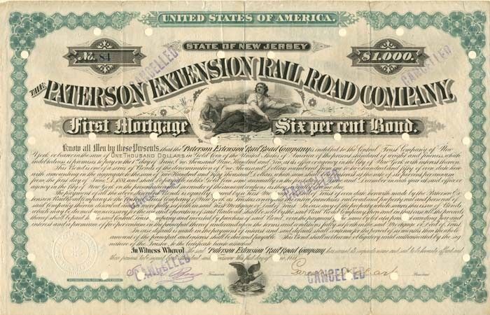 Paterson Extension Railroad Co. signed by Garret A. Hobart - Autographed Stocks 
