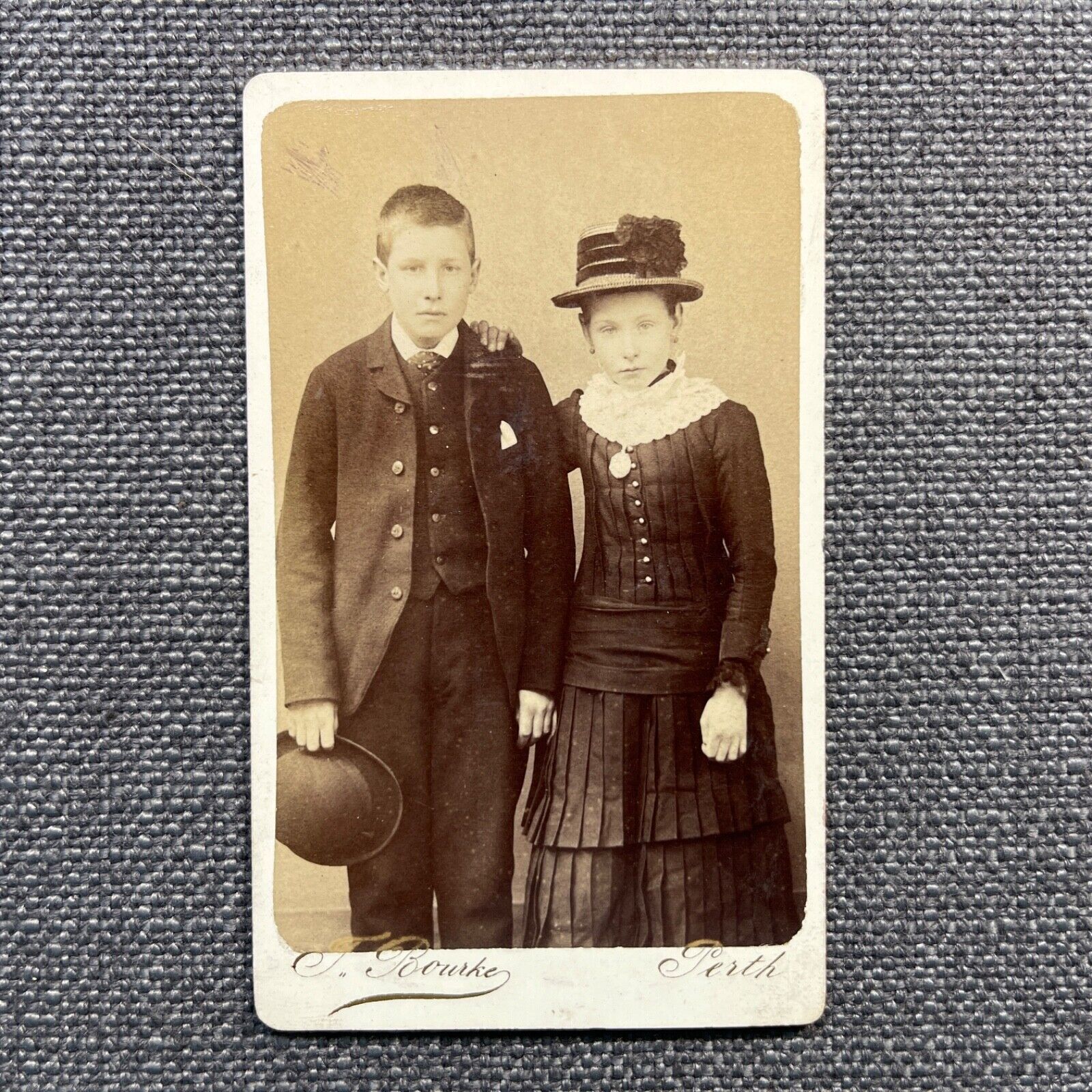 CDV Photo Antique Portrait Boy in Suit Bowler Hat Girl in Dress with Hat Perth