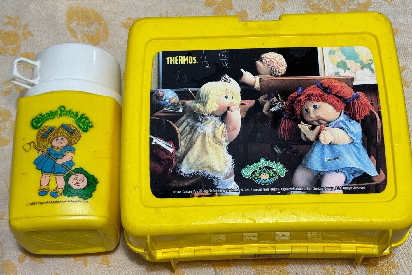 Vintage 1985 Cabbage Patch Kids Yellow Plastic Lunch Box With Thermos RARE