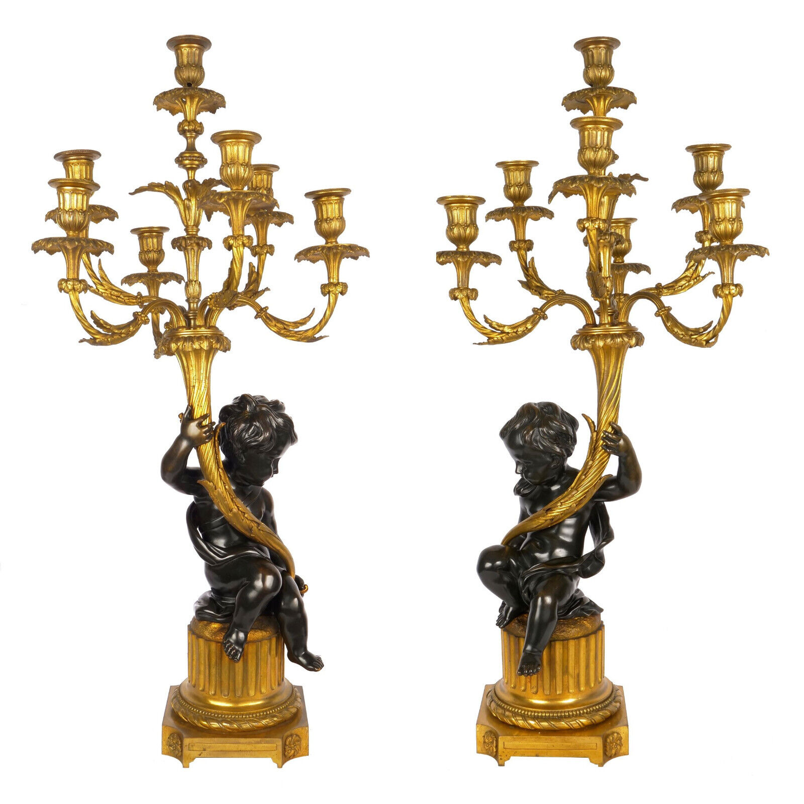 Pair of French Bronze Figural Sculpture Seven-Light Candelabra Lamps, c. 1870-90