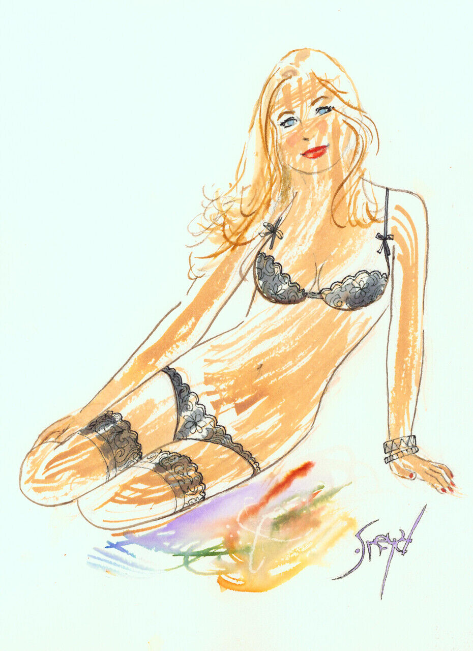Playboy Artist Doug Sneyd Signed Original Art Sketch ~ Blond in Black Lingerie
