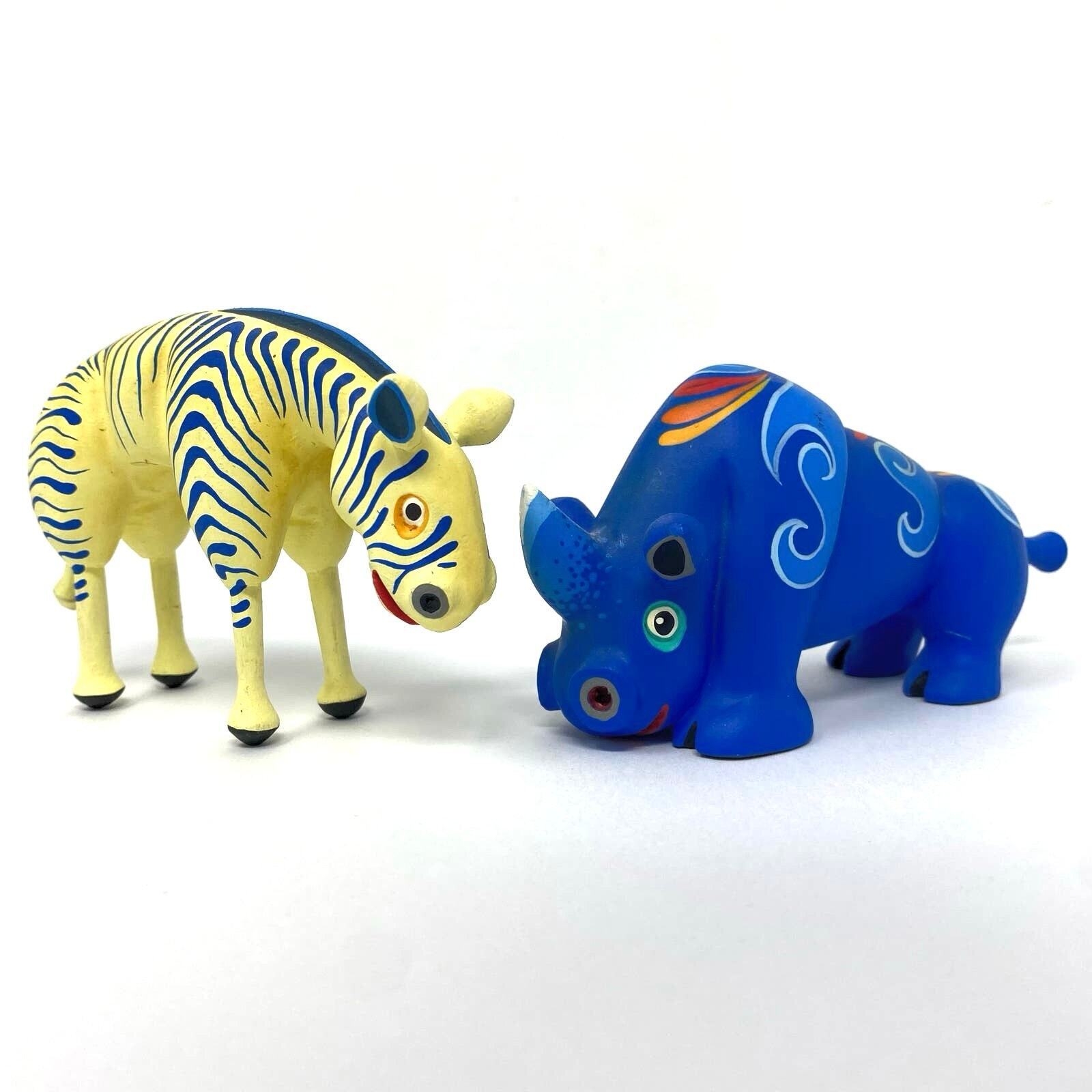 Brightly painted wood carved Zebra and Rhino African animals miniatures blue 