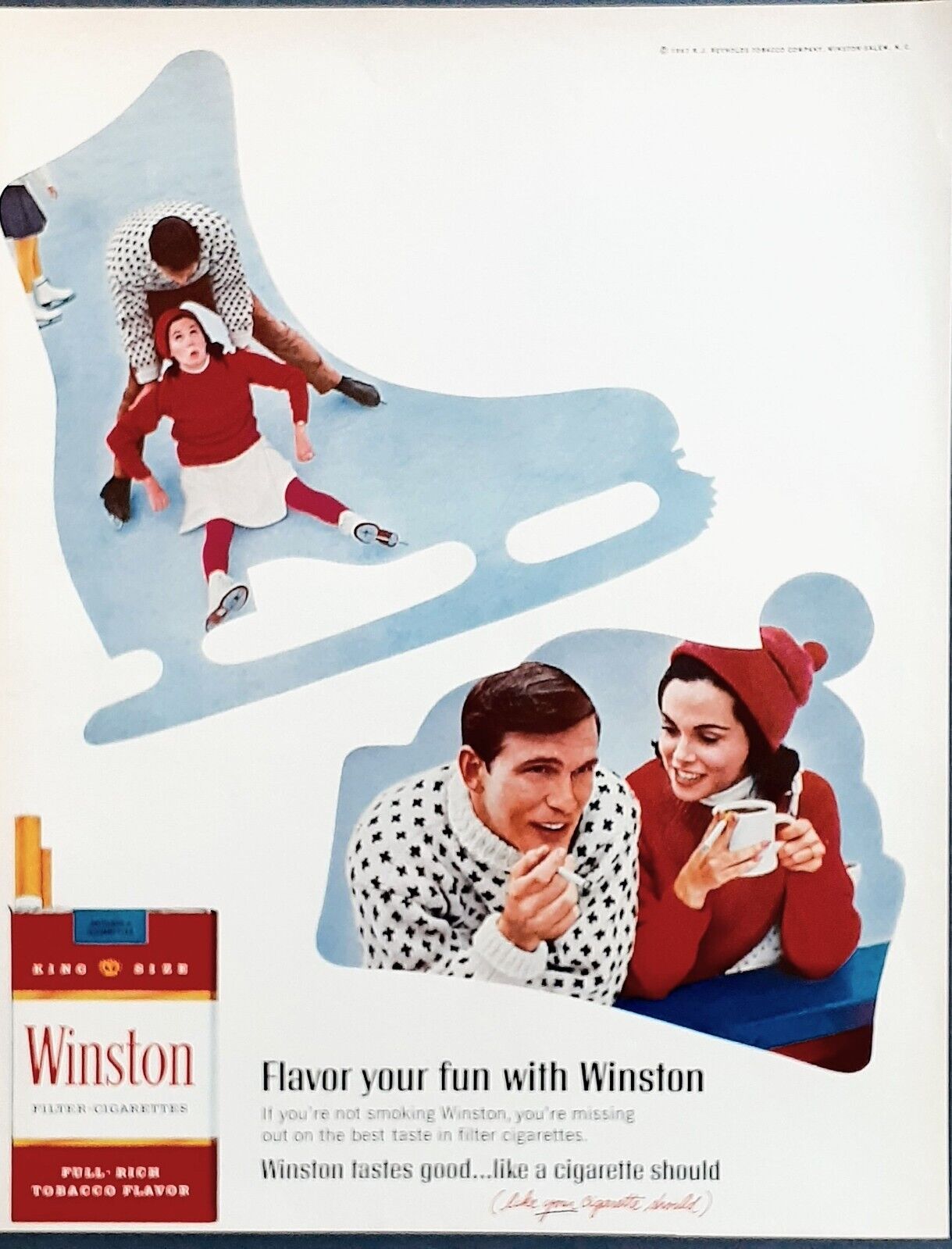 Winston cigarette ad vintage 1967 ice skate couple original advertisement