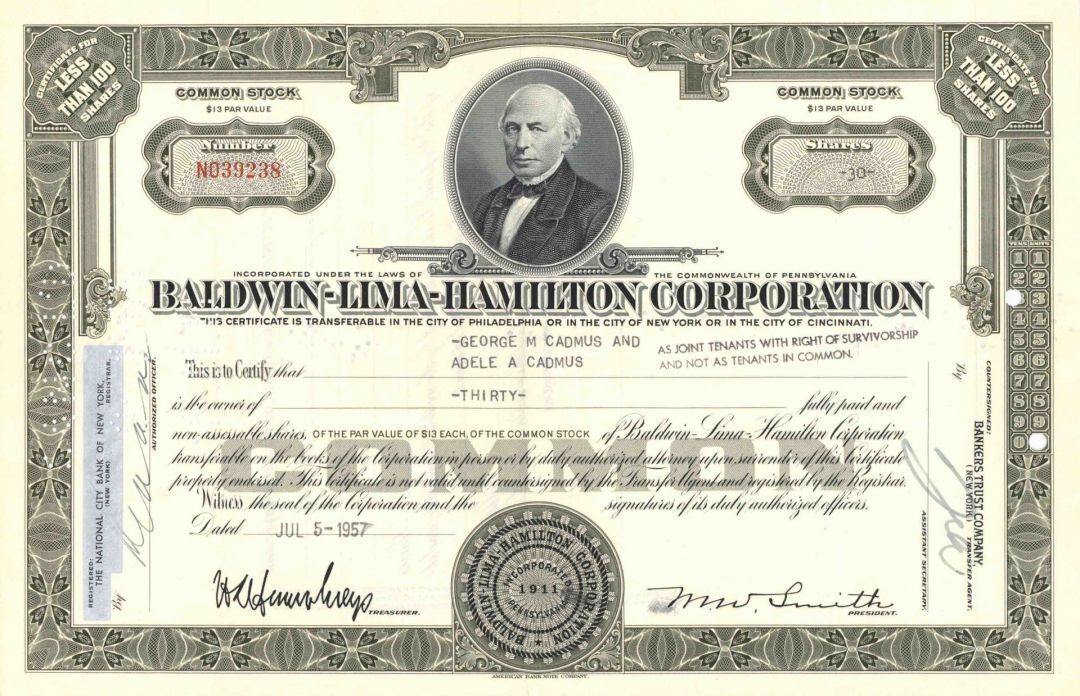 Baldwin-Lima-Hamilton Corporation - Stock Certificate - Railroad Equipment