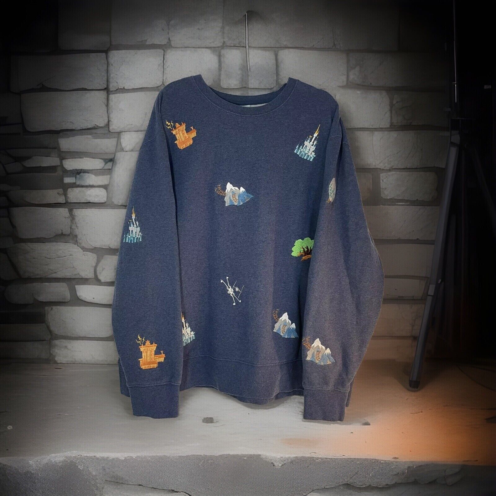 Walt Disney World Park Icons Embroidered Dark Blue Pullover Sweatshirt Adult XXL