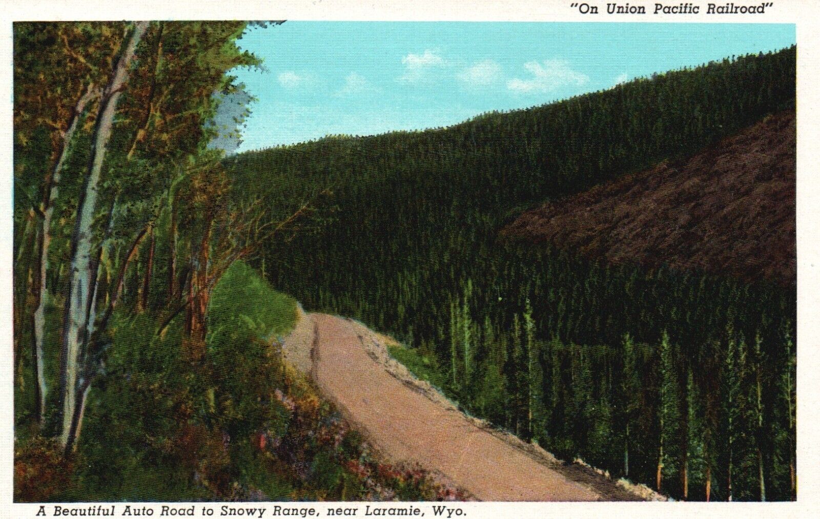 Postcard WY near Laramie Auto Road to Snowy Range Linen Vintage PC H8771