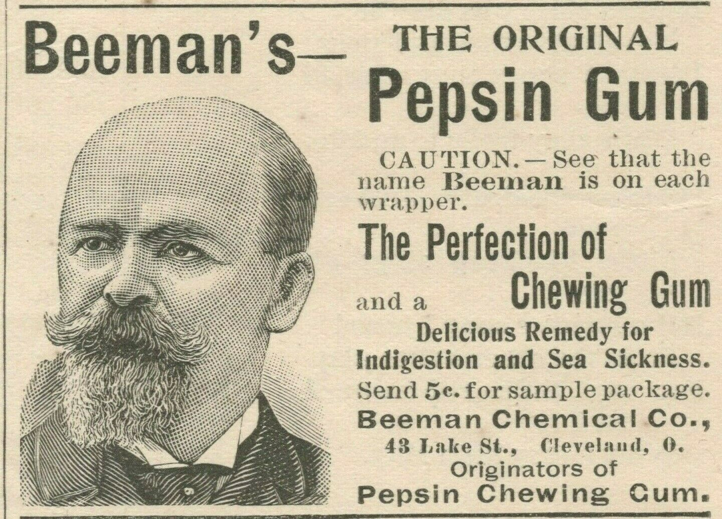 Beeman\'s Pepsin Chewing Gum 1896 Cleveland OH Vintage Print Ad