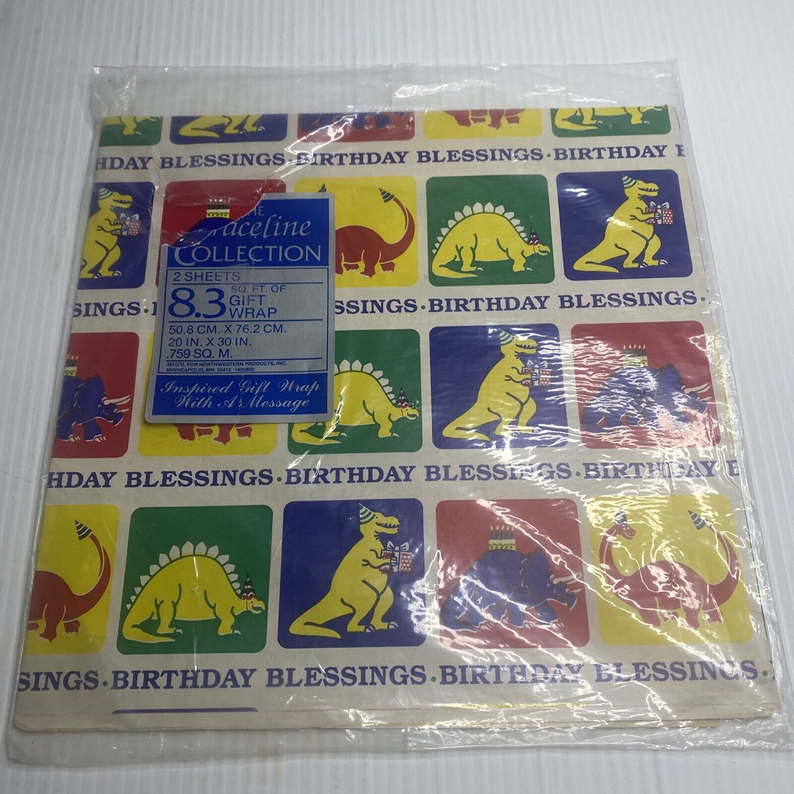 NOS 1986 DINOSAUR BIRTHDAY BLESSINGS Vintage Wrapping Paper Gift Wrap