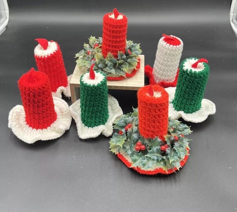 Vintage Crochet Christmas CANDLES Handmade SET OF  7 ADORABLE RED And Green 6”