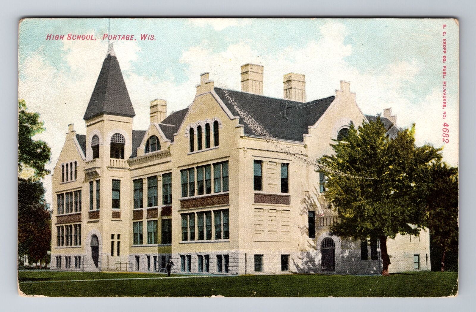 Portage WI-Wisconsin, High School, Antique, Vintage Souvenir Postcard