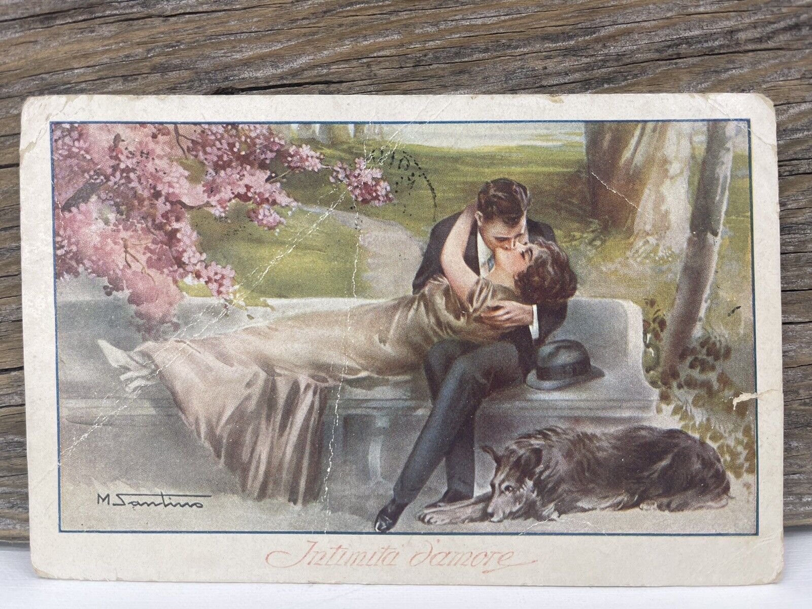 VTG 1919 Italy Postcard Lovers On Bench Kissing Valentine Day Bologna Collie Dog