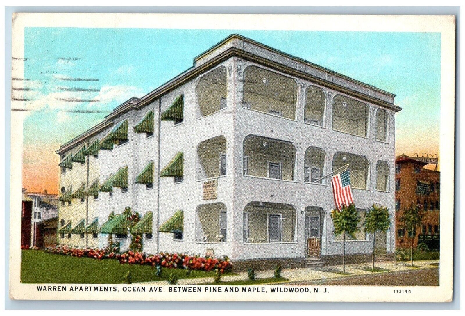 Wildwood New Jersey NJ Postcard Warren Apartments Ocean Ave. Between Pine c1928