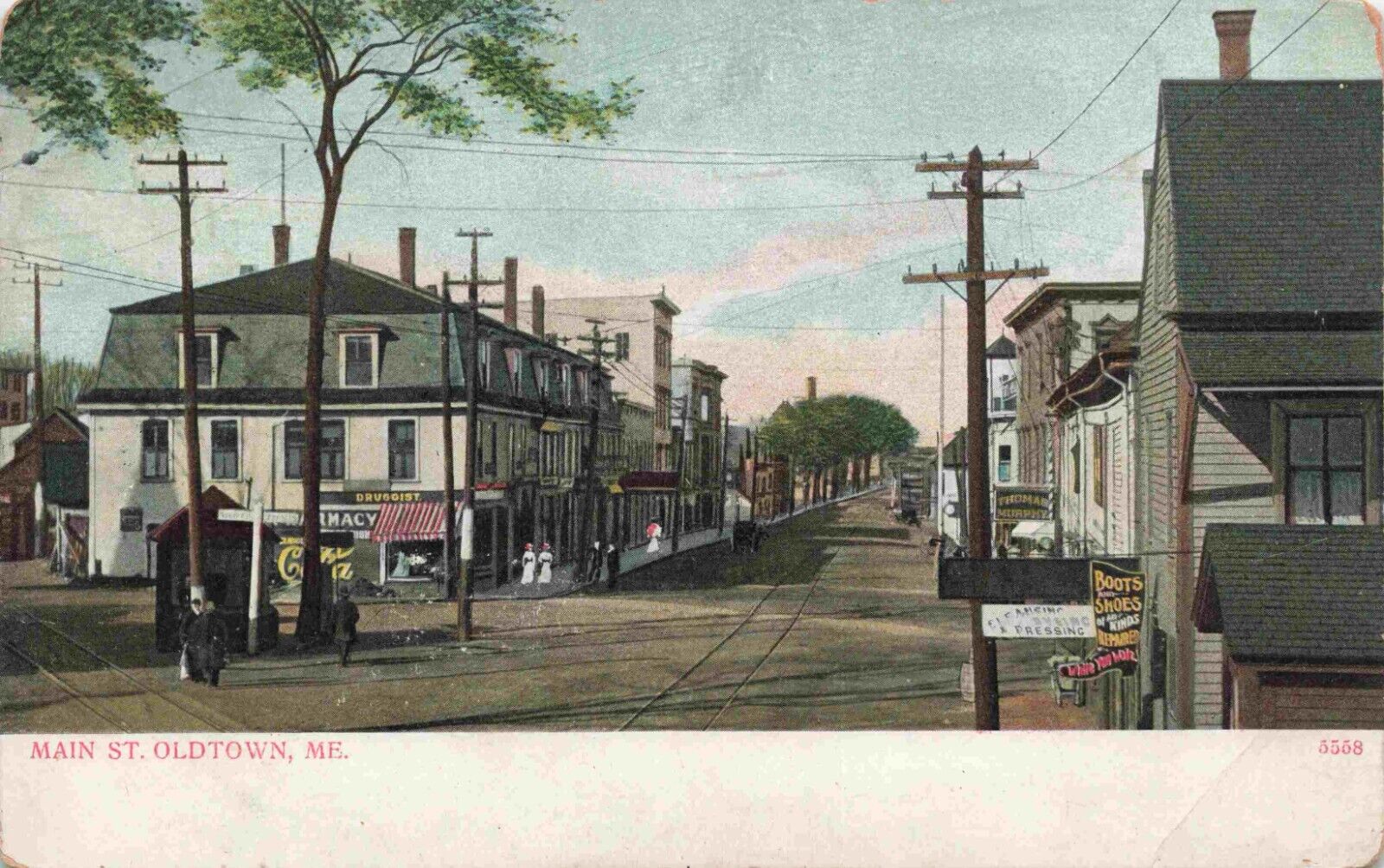 Old Town Penobscot County Maine 1905 Trolley Tracks & Signs Main Street Postcard