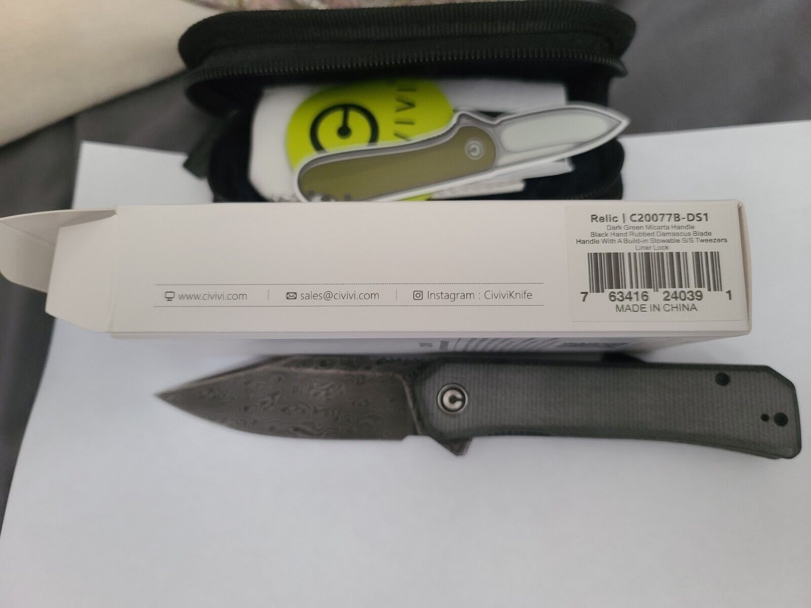 Civivi RELIC C20077B-DS1 Damascus Flipper Pocket Knife DARK Green Micarta 