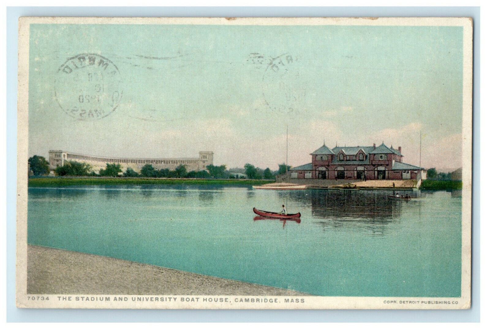 1920 Stadium and University Boat House Cambridge MA Phostint Antique Postcard