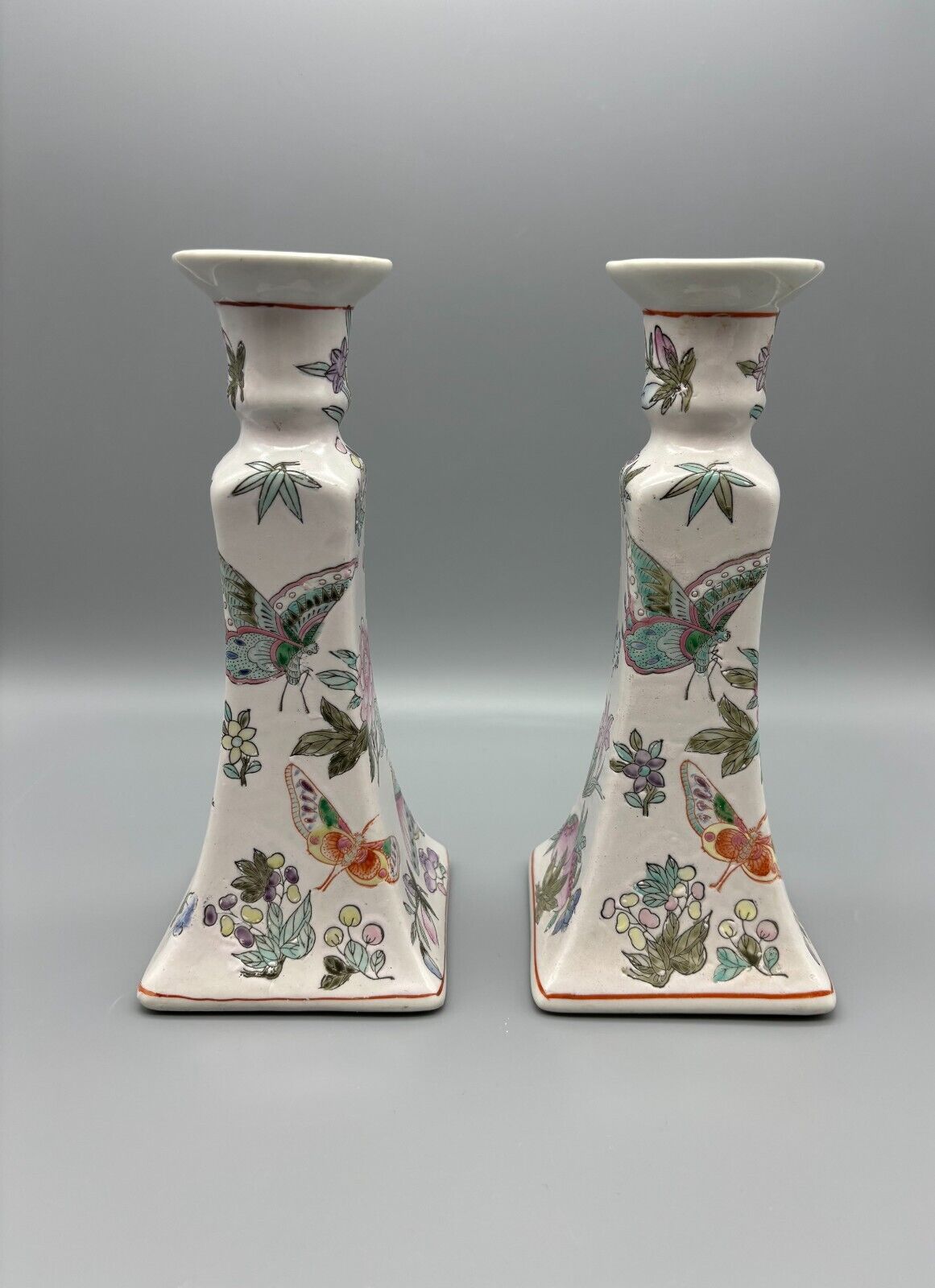 Vintage ~ Moriage Chinese Hand Painted Candlesticks Butterfly & Floral Design