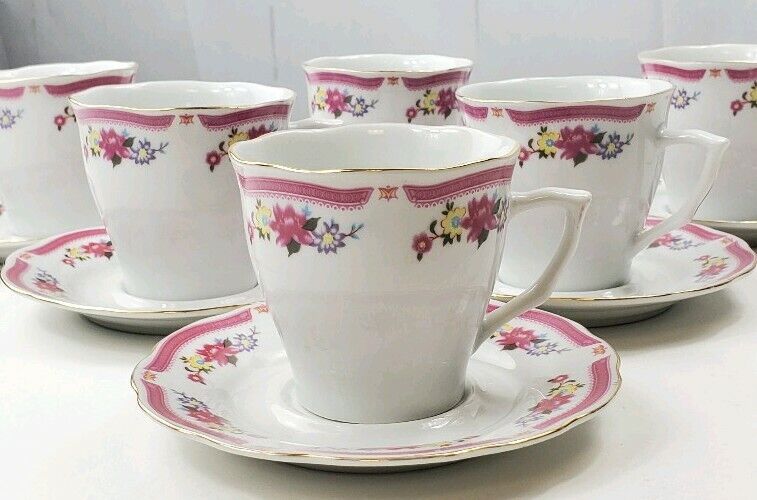6  Allied Design White Tea Cup & Saucer Sets Pink Purple Wildflowers Gold Accent