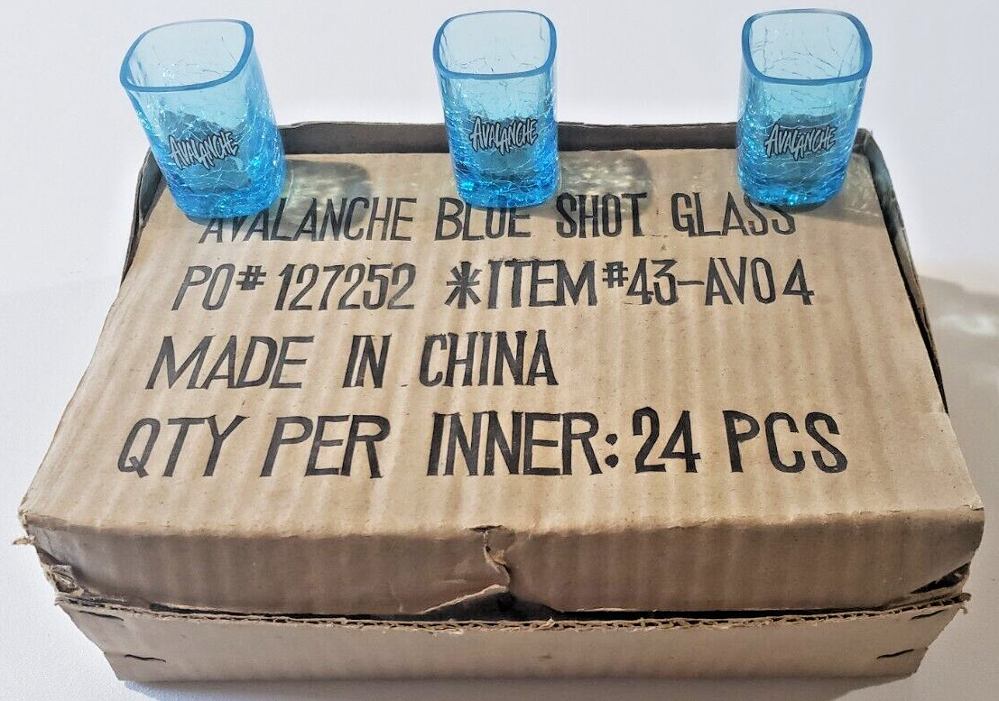 Case of 24 Avalanche Blue Square Shot Glasses Crackle Glass New in Box