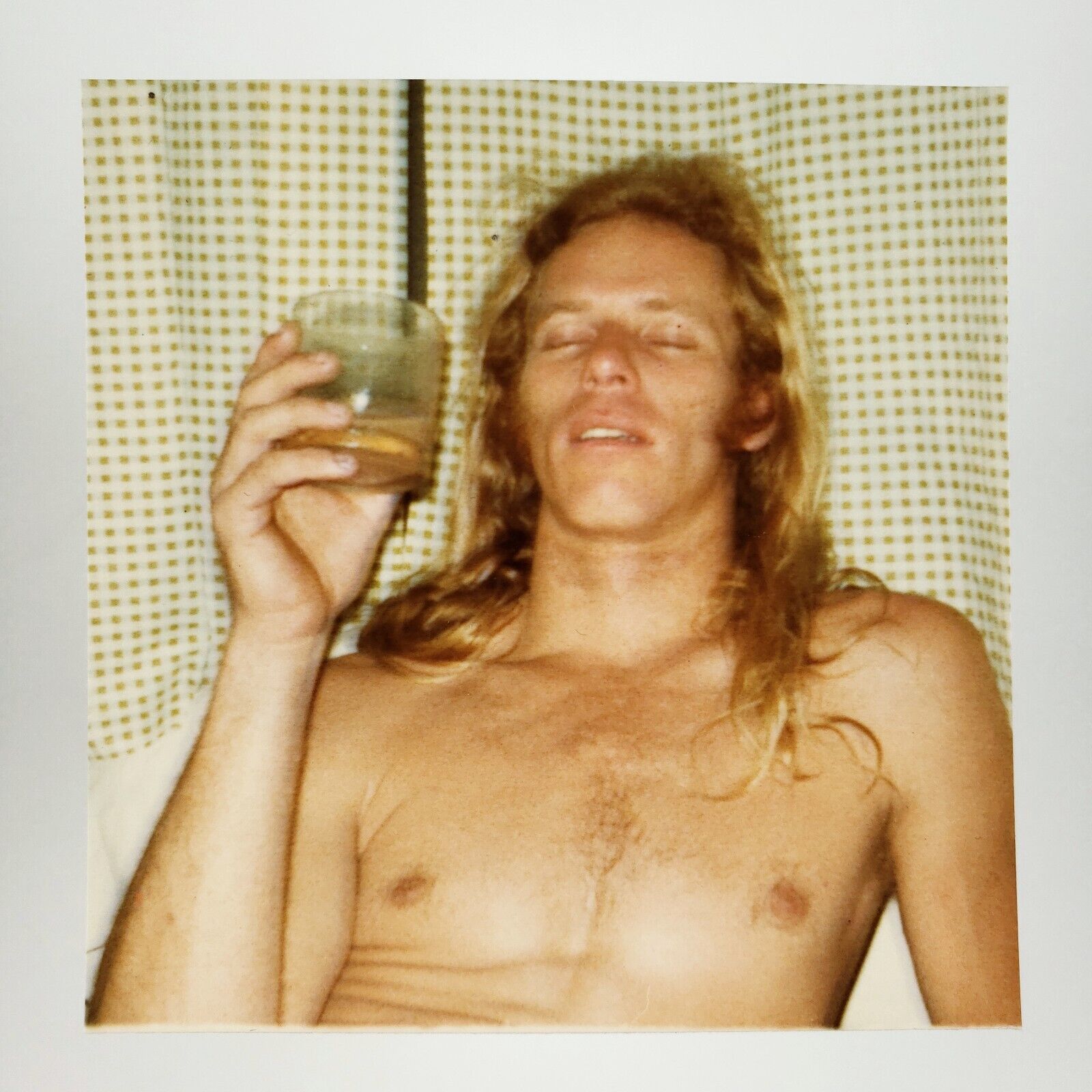 Shirtless Man Enjoying Drink Photo 1980s Long-Haired Hippy Retro Party Guy H808