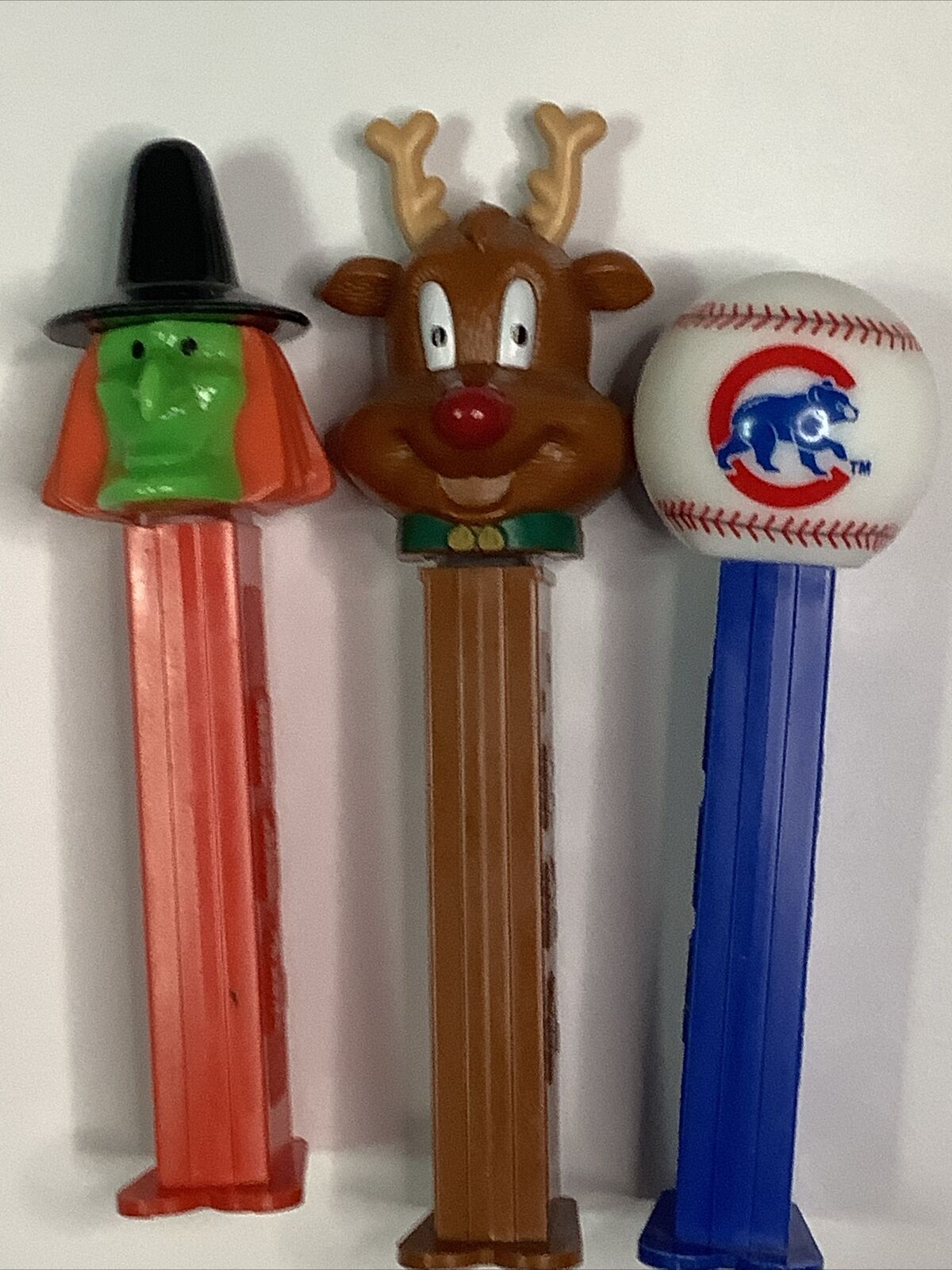 Lot Of 3 Pez Dispensers Witch, Cubs Baseball And Reindeer
