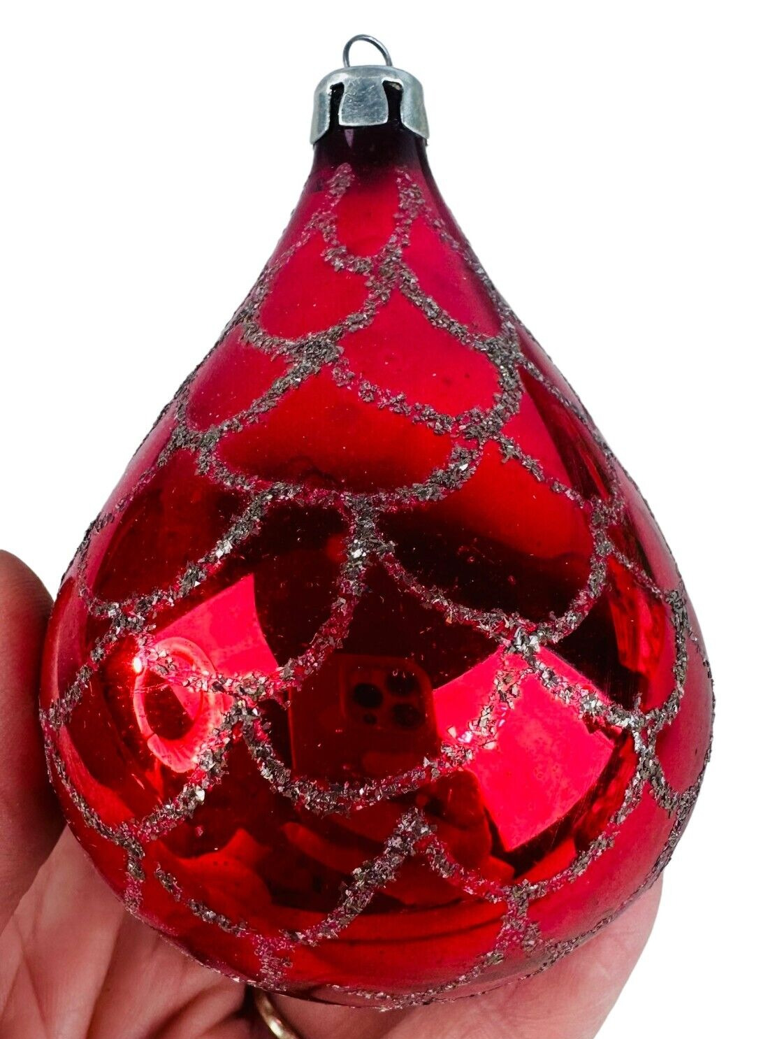 vtg Mercury Glass tear drop Christmas Ornament w glitter
