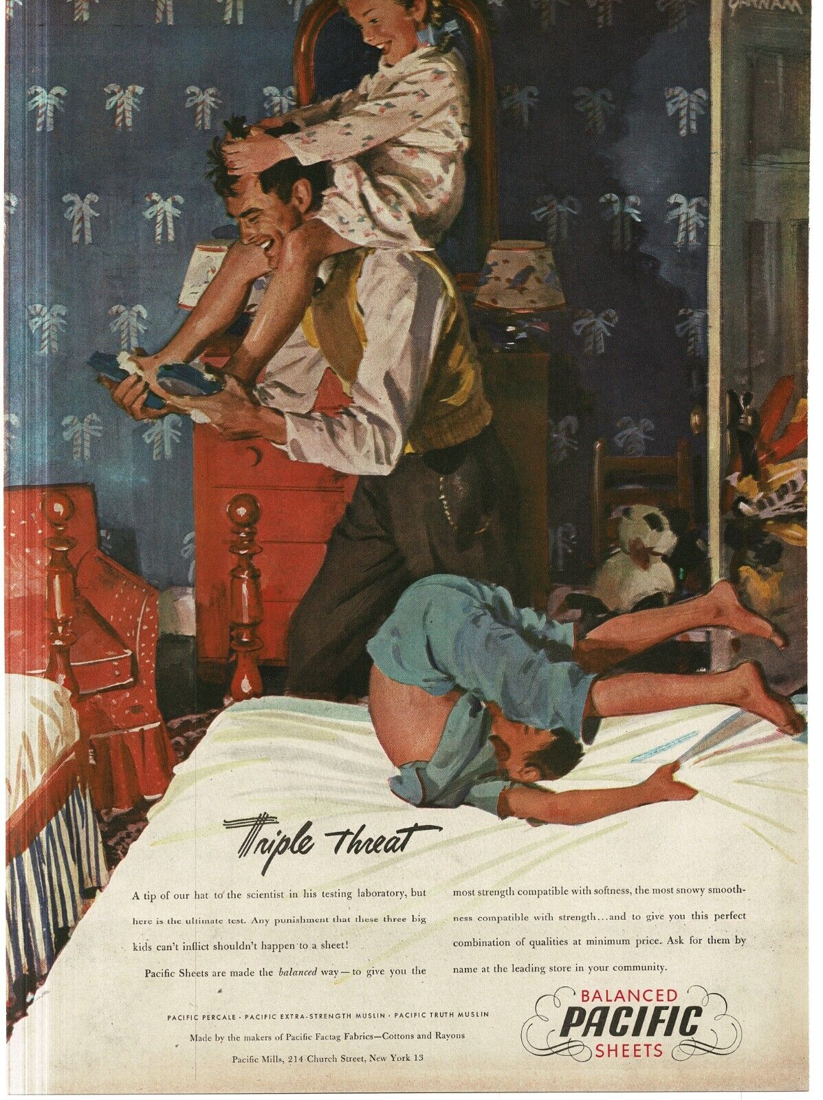 1946 Pacific Balanced Sheets father playing with kids John Gannam art Print Ad