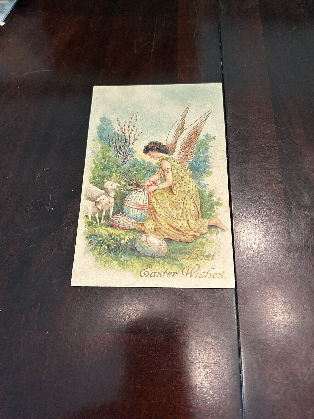 Best Easter Wishes Postcard Angel with HUGE PINK WINGS & Lambs